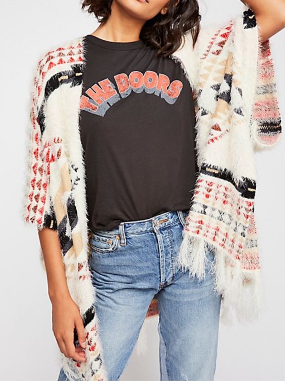 Free People Canyonland Kimono One Size Cream/Black/Red Fringe Aztec Open Front
